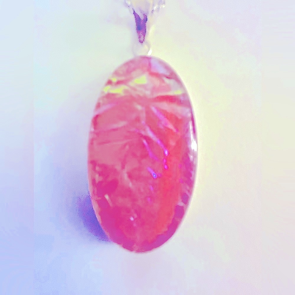 Nwot Necklace Pink “Opal” Foil Dichroic glass 2” oval pendant, 18” silver chain
